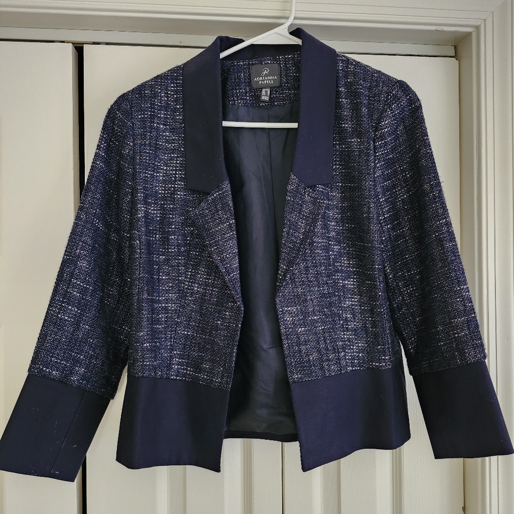Adrianna Papell women's formal wear navy Tweed and satin open front blazer sz 8